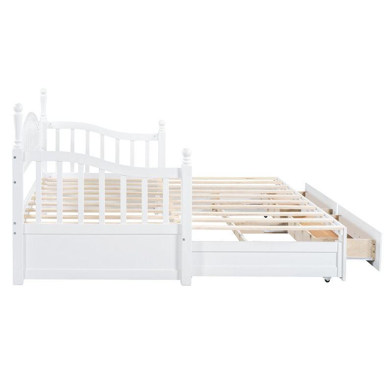 Lit de jour simple en bois avec lit gigogne extensible simple et 2 tiroirs de rangement - Finition blanche, Blanc