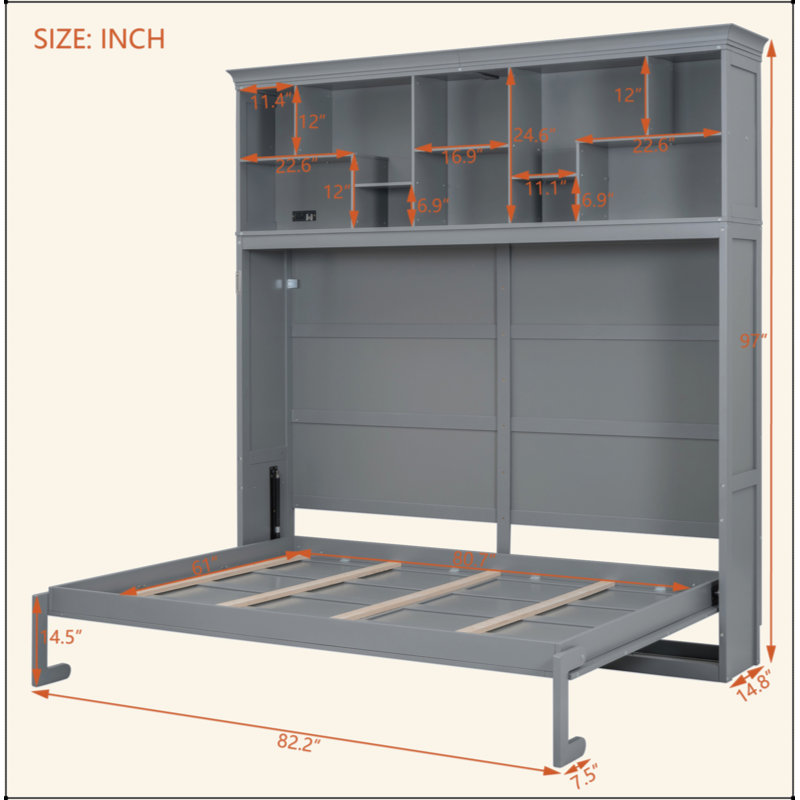 Lit escamotable mural Murphy avec tablettes supérieures et USB, Gris