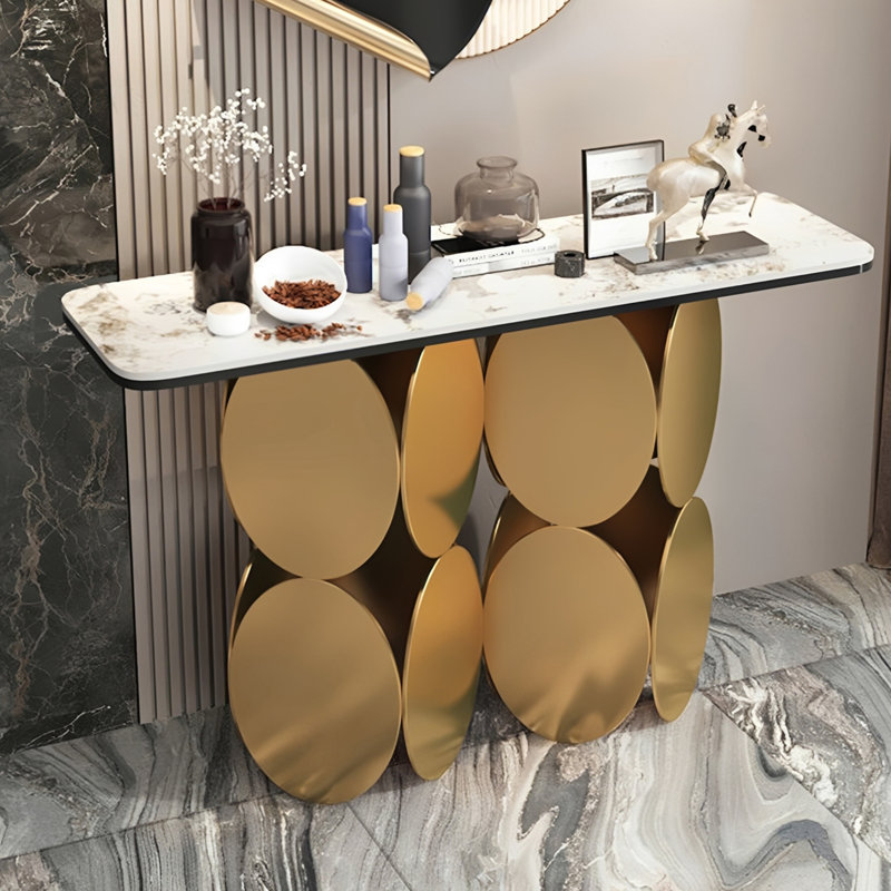 Console de style italien simple et luxueuse, H 33,5 po x l 55,1 po x P 13,8 po, Blanc, Doré