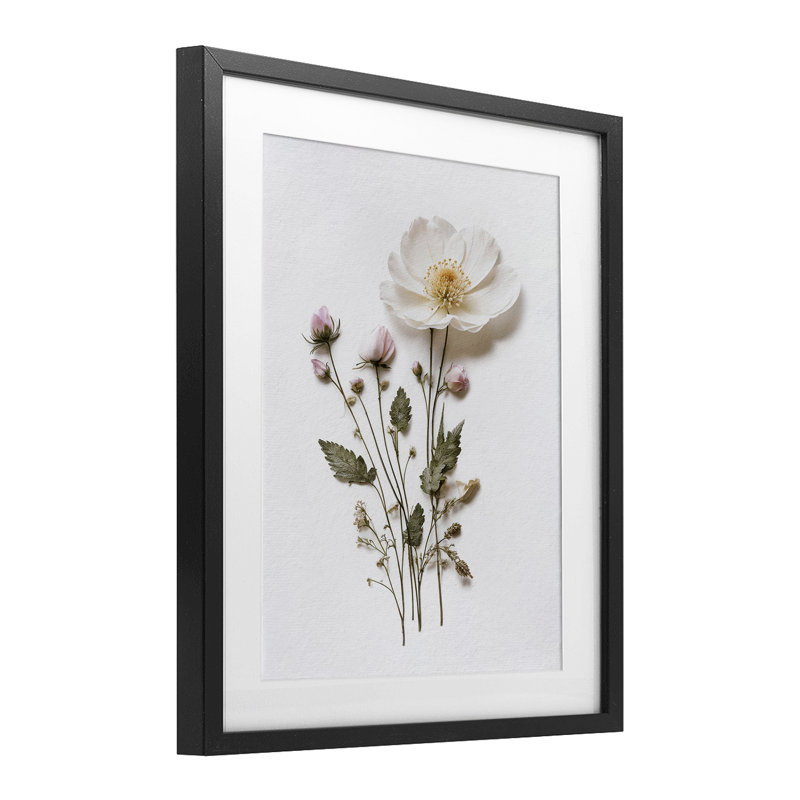 Fleurs simples pressées, impression sous verre encadrée, lettrée et doublée, Cadre noir minuit, H 21 po x l 17 po