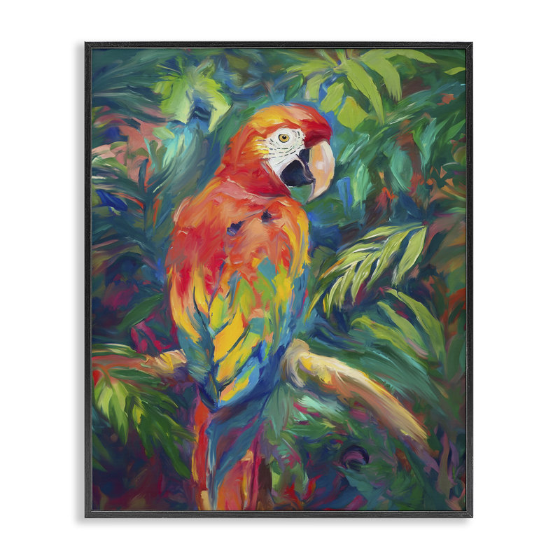 Jungle Macaw sur une branche, estampe numérique par Ramona Murdock, Giclée encadrée noir minuit, H 14 po x l 11 po