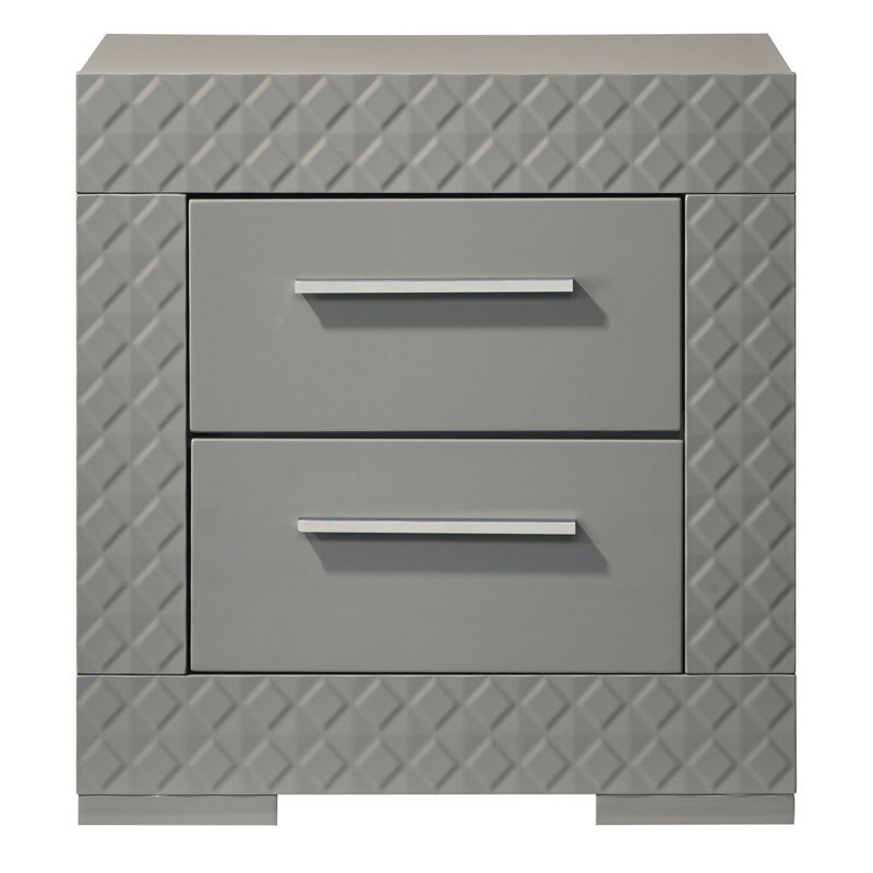 Table de chevet 2 tiroirs Pierce, Gris haute brillance
