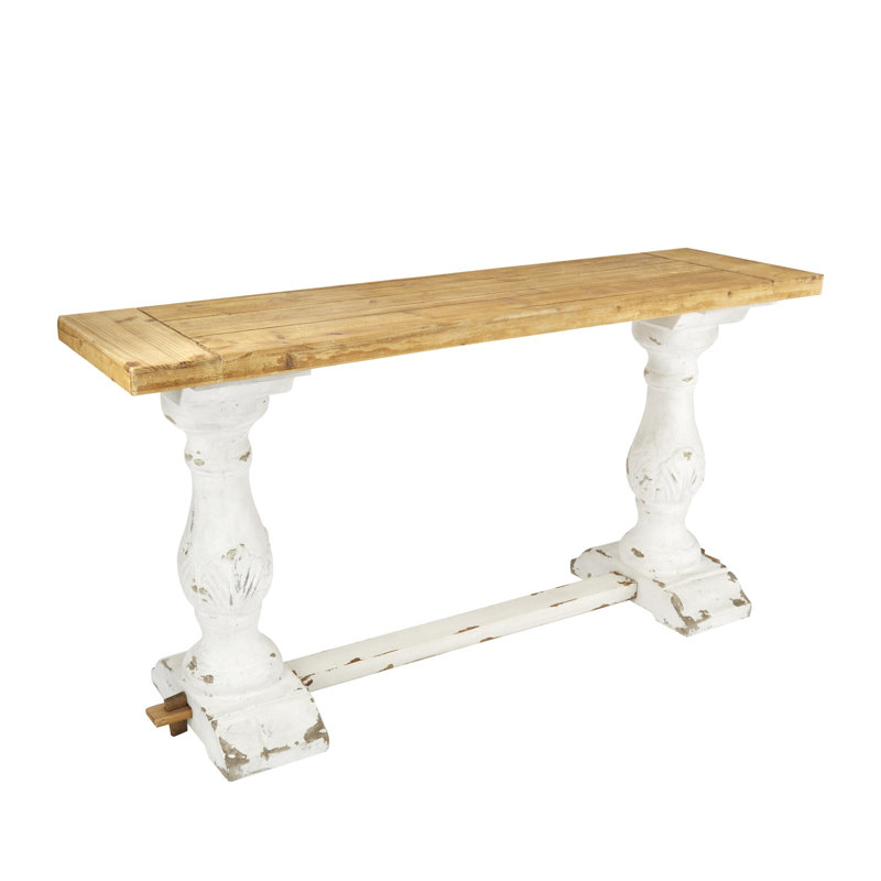 Esposito White Wood Distressed Console Table with Brown Wood Top 59" x 16" x 29"