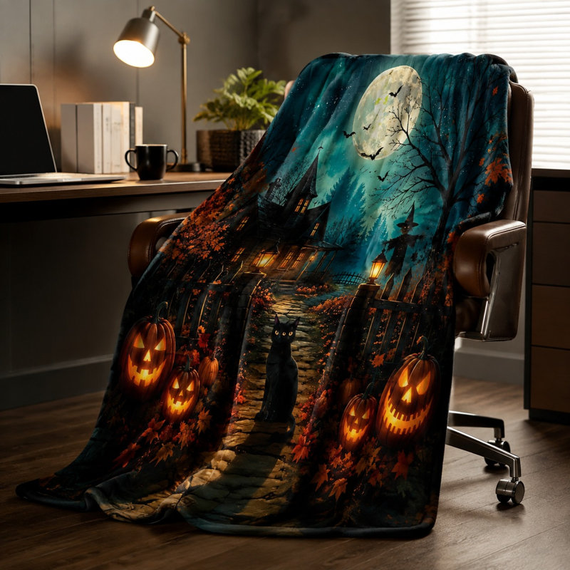 Plaid thématique Halloween, motif de château, chat, citrouille et épouvantail, couverture douce et moelleuse pour canapé, lit et décoration intérieure