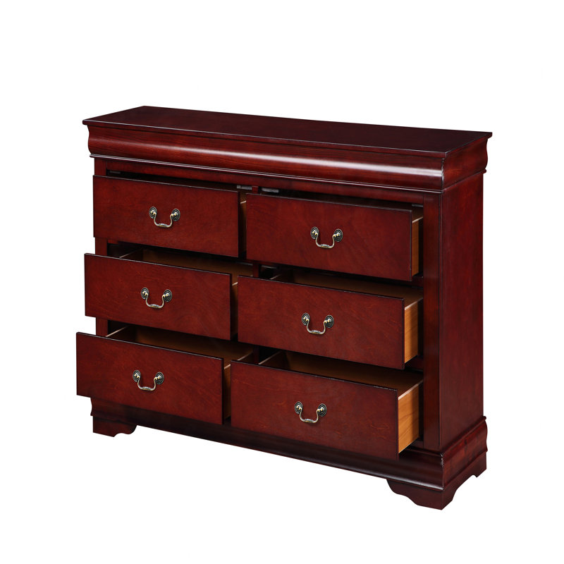 57" W Double Dresser Bedroom Dresser 6 Drawer Dresser Wood Dresser (Mirror Not Included), Cherry