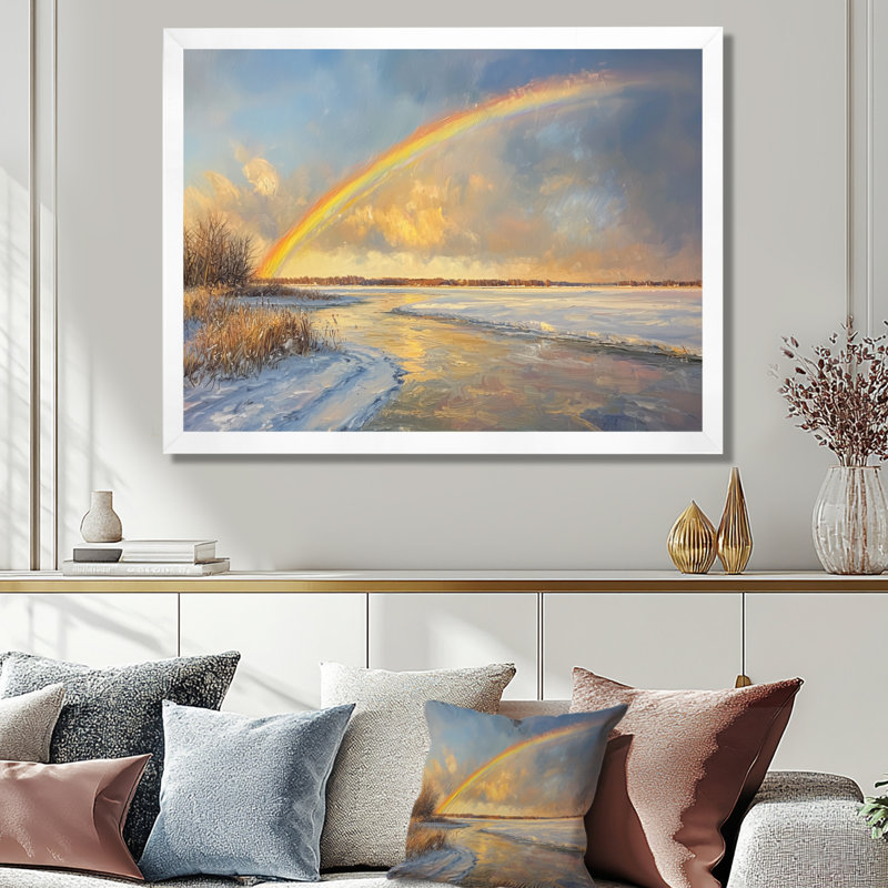 Arc-en-ciel au-dessus du lac gelé - art mural arc-en-ciel, H 30 po x l 40 po, White Picture Framed