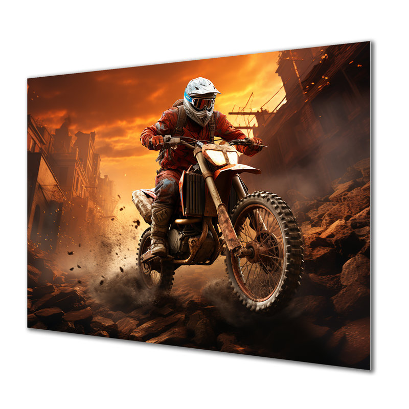 Orange et noir Dirt Bike Rider III - art mural moto en métal, H 30 po x l 40 po x P 1,5 po