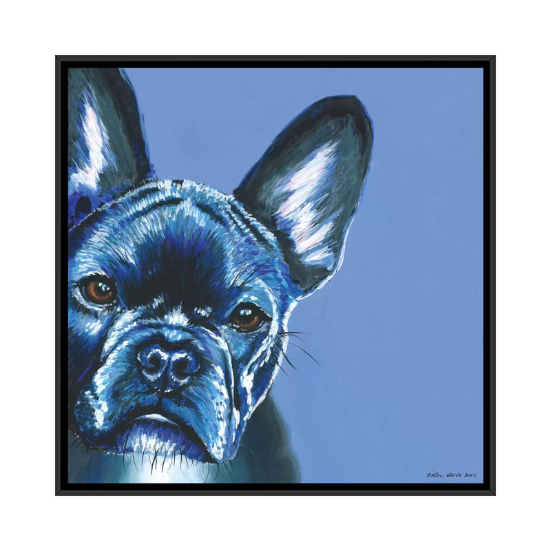 French Bulldog On Blue, Square by Kirstin Wood - Painting on Canvas, Black Framed, 45.72 cm H x 45.72 cm W