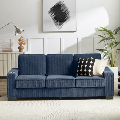 83.86 Corduroy Fabric Sofa, Modern 3-Seater Couch With Built-In Cup Holders, Durable And Pet-Friendly