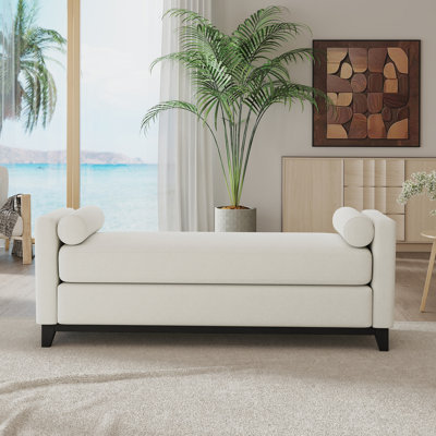 Banc / lit de jour / repose-pieds rembourré en molleton sherpa 66,34 pouces avec pieds en bois massif noir et 2 traversins, idéal pour le lit, la chambre à coucher, le salon et le vestibule
