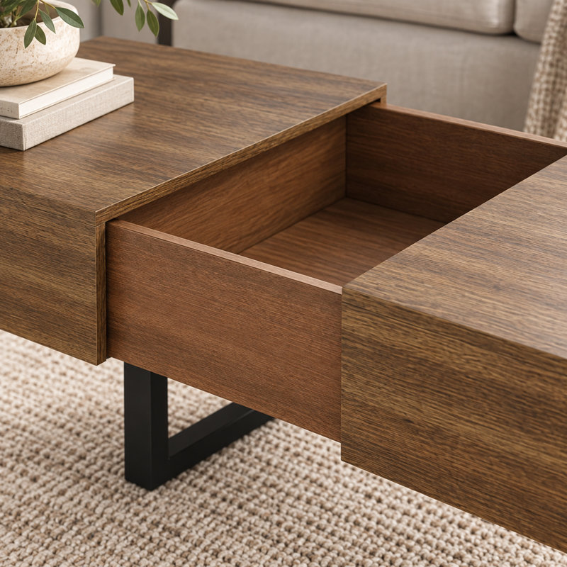 Table basse de salon avec plateau coulissant, rangement dissimulé et design extensible en noyer