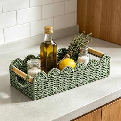 Organisateur de panier de salle de bain en corde de papier tissé à la main avec poignées en bois découpées, plateau en osier festonné pour le rangement du papier hygiénique, panier décoratif pour comptoir de salle de bain, salon, décoration intérieure