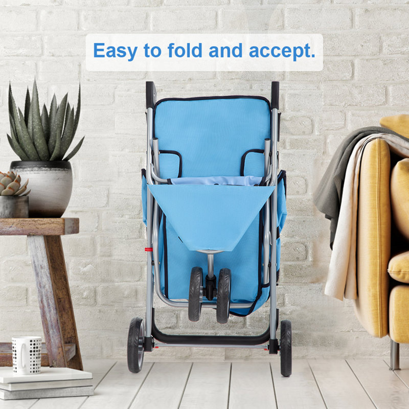 Blue 3-Wheel Folding Pet Stroller for Dogs