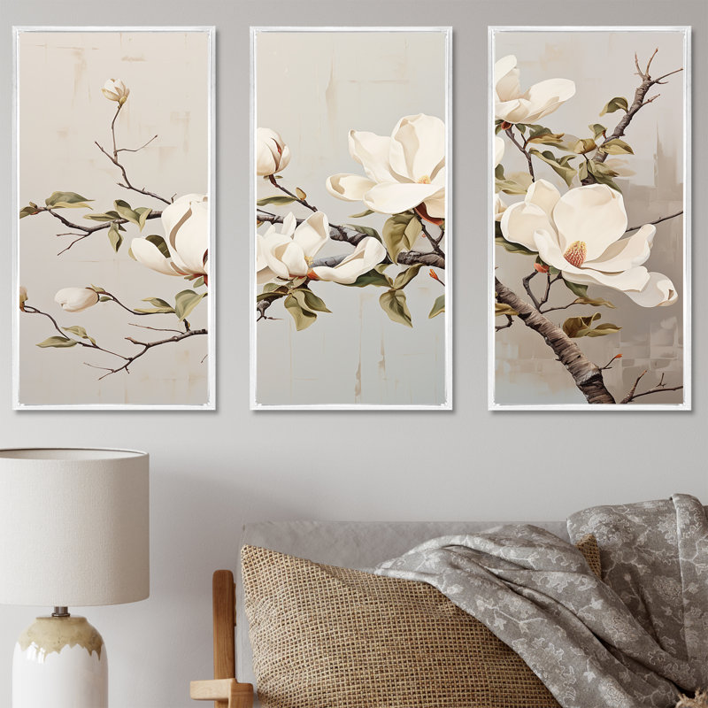 «Magnolias beige et vert», ensemble d'art mural Magnolias, Cadre flottant blanc, H 28 po x l 36 po x P 1 po