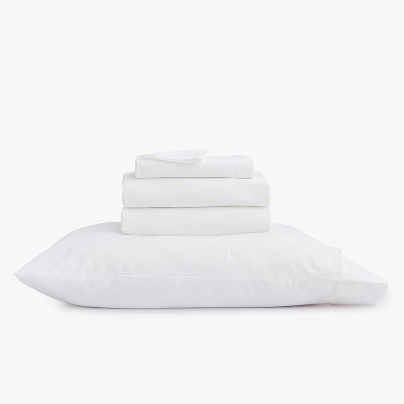 BESTOUCH Sheet Set 100% Washed Cotton Linen Feel Lightweight, Bright White, Full / Double Sheet Set with 2 Pillowcases