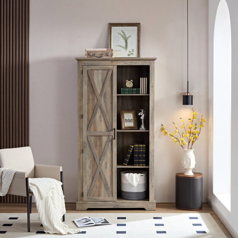 Grande armoire de rangement avec porte de grange et rangement en bois rustique pour ferme, Gris délavé
