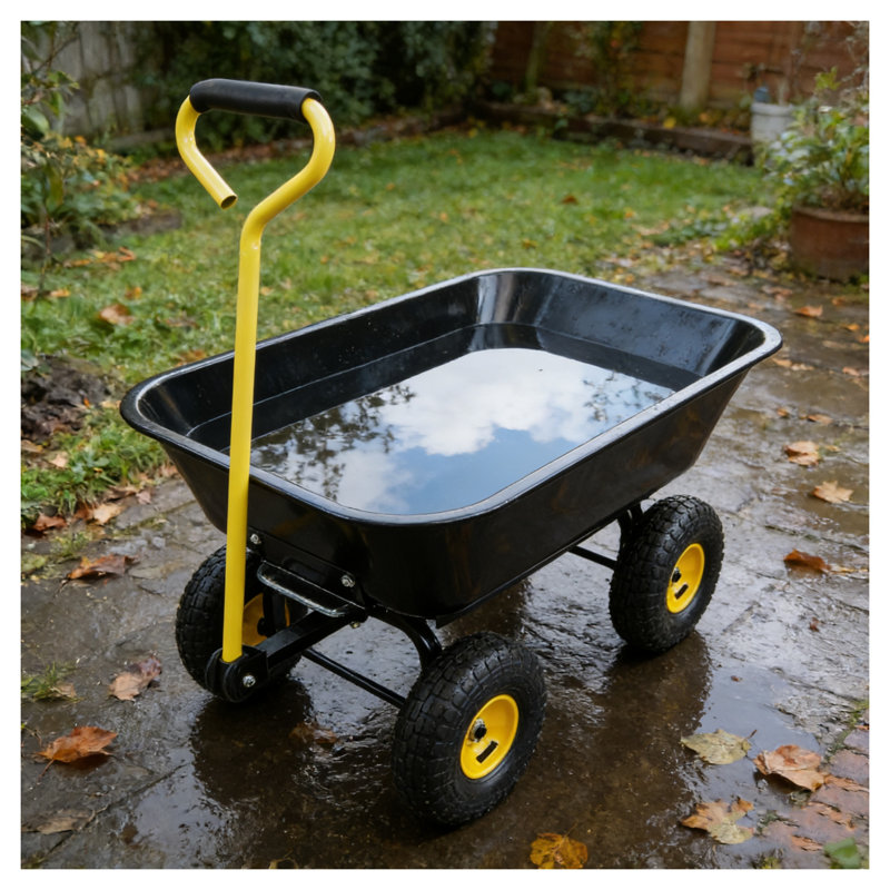 Chariot de jardin robuste à 4 roues avec pneus pneumatiques - Camion à benne basculante pliable en acier poly pour travaux extérieurs