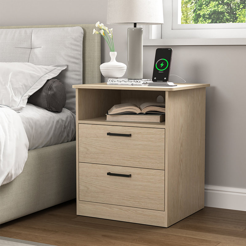 Table de chevet en bois avec 2 tiroirs, table de bout pour la chambre à coucher, Beige