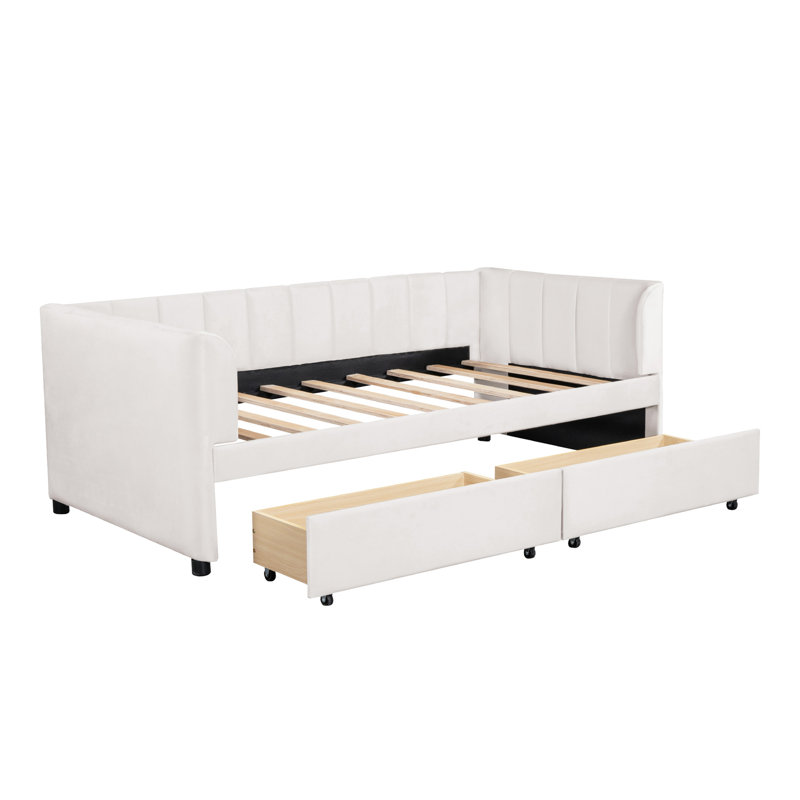 Lit de jour simple rembourré avec dossier ergonomique et 2 tiroirs, Beige