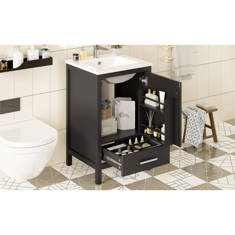Meuble-lavabo de 20 pouces avec assemblage facile, lavabo en céramique et tiroir à fermeture en douceur pour une installation rapide. Portes compactes, tablette de porte double couche
