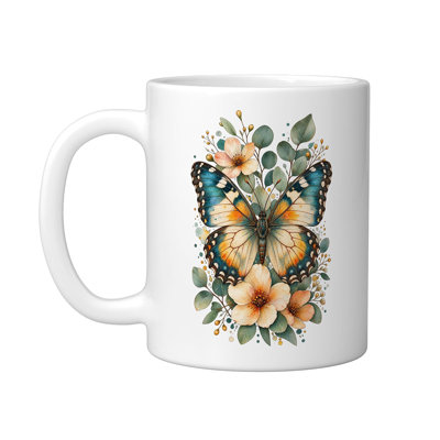 Butterfly With Flowers Ceramic Mug, 11oz
