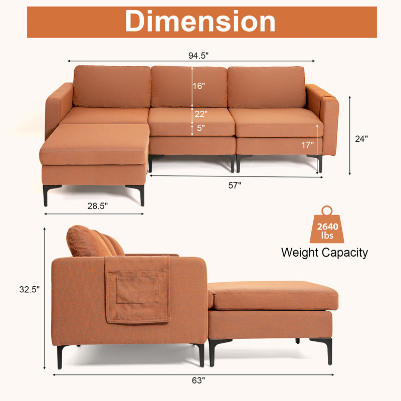 Boose 94.5" Wide Linen Left Hand Facing Modular Sofa & Chaise with Ottoman, Orange Linen