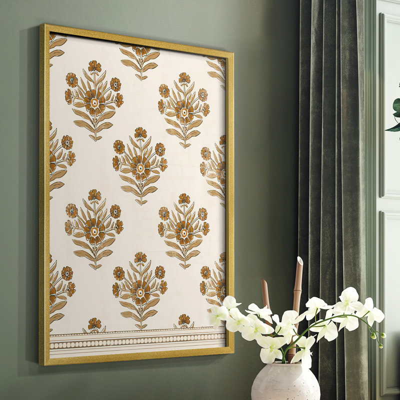 «Block Print Blooms I», reproduction encadrée - bois massif, Or, H 10 po x l 8 po