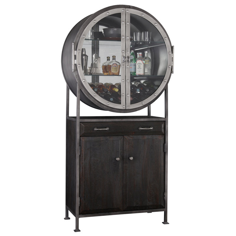 Aged Mocha Hardwood 39.75'' Bar Cabinet with Iron-Finished Frame