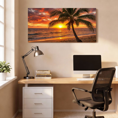 Tropical Sunset Palm Tree Beach Scene Canvas Wrapped Wall Art Oil Painting Print Set Of 1