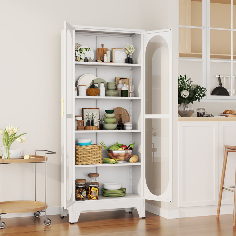 Grande armoire de rangement moderne avec portes en verre et 4 tablettes réglables pour la cuisine et la salle à manger, Blanc