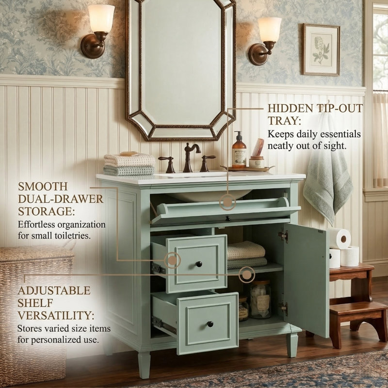 30-Inch Modern Bathroom Storage Vanity With Integrated Sink, Solid Wood Frame Cabinet With 3 Sorted Drawers, 4 Colors, Green
