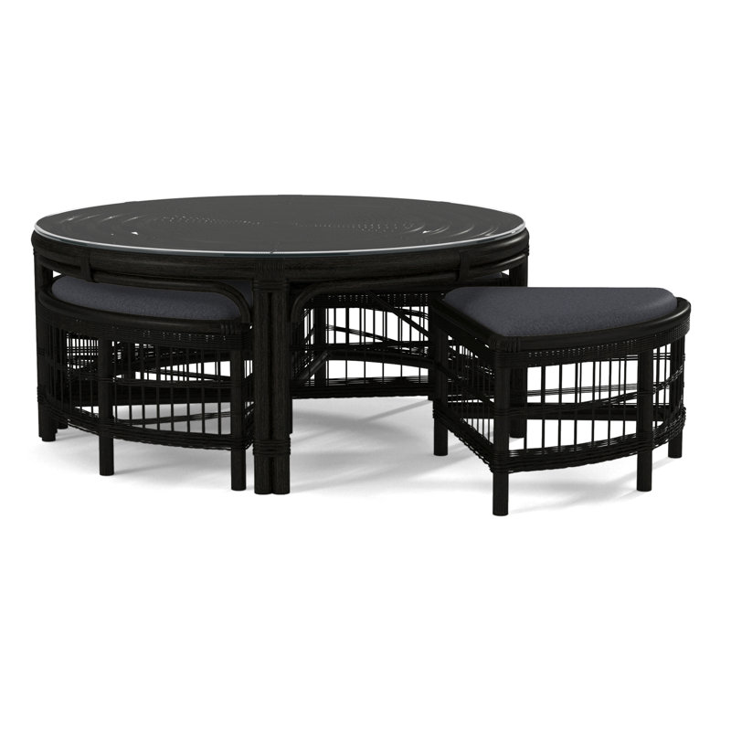 Raffles Rattan Cocktail Table with Benches, Antique Black, Snow Crypton Performance; 0884-91