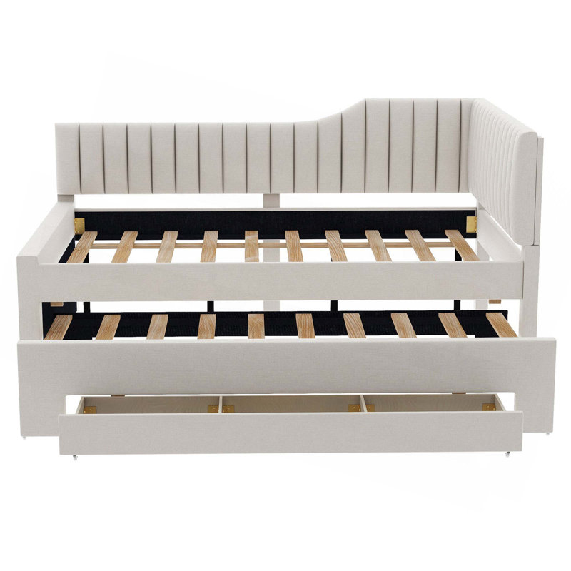 Upholstered Daybed With Trundle And Three Drawers, Beige, Full