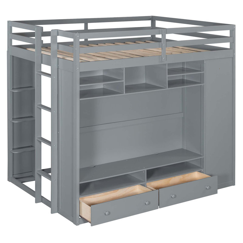 Lit mezzanine double avec tiroirs, tablettes et lumière, Gris