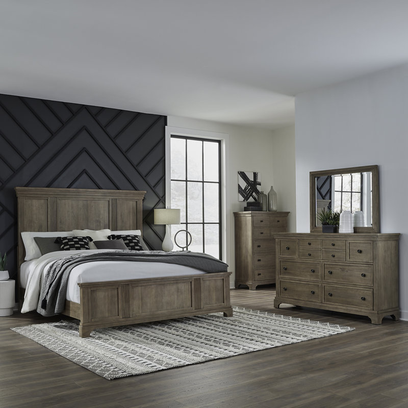 Kamoura Queen Panel Bed, Dresser & Mirror, Chest Bedroom Set, Queen, 4 Pcs: Bed, Chest, Dresser, Mirror