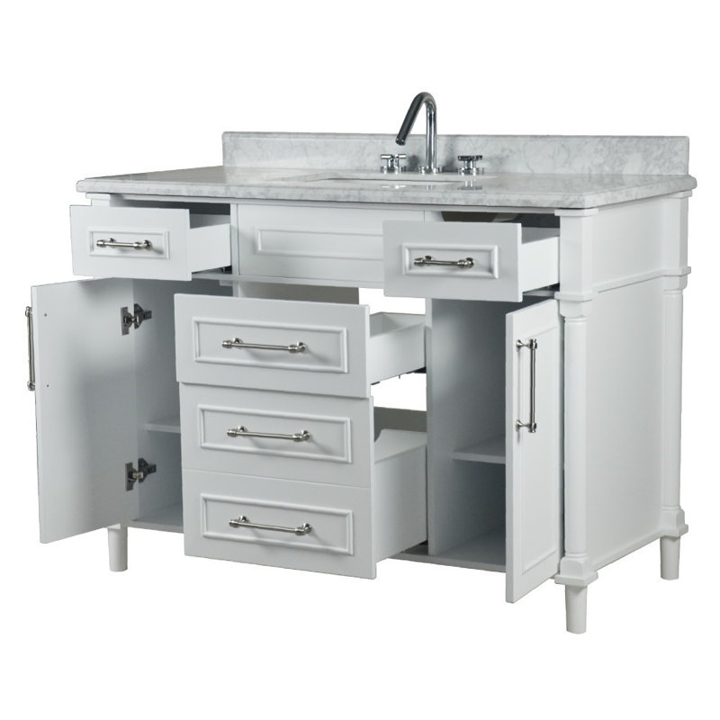 48” Single Vanity Set With White Carrara Marble Top and Mirror, White