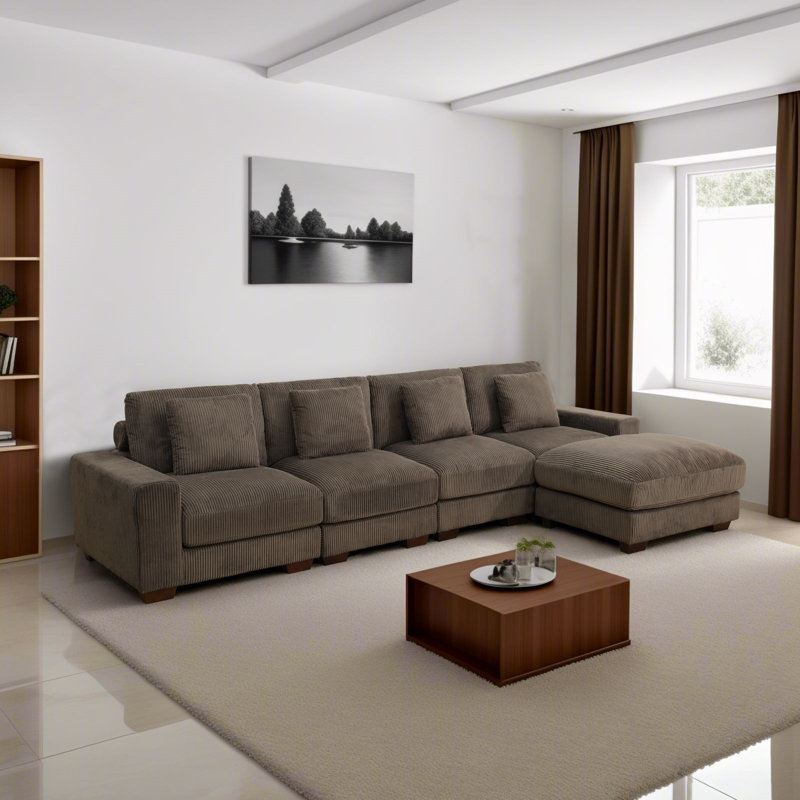 Frazey 6 - Piece 123" Upholstered Sectional with 2 Ottomans, Brown Corduroy