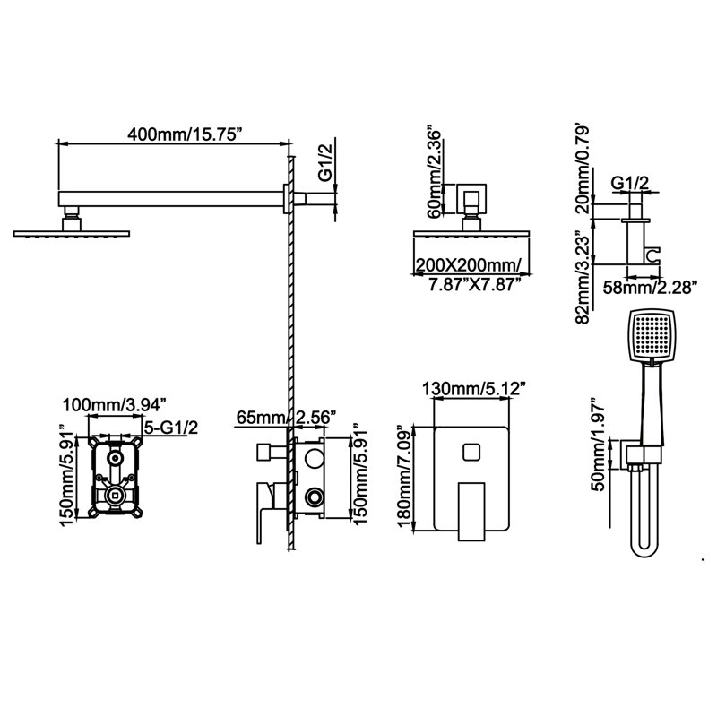 10" Square Complete Shower System With Rough-in Valve And Hand Shower, Matte Black