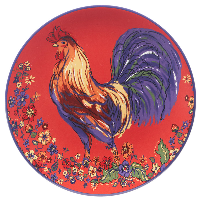 Vibrant Red Ceramic Rooster 9" Salad/Dessert Plates Set