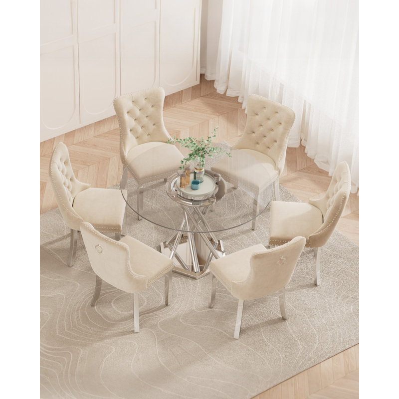 Ensemble de table de salle à manger 47,2 po pour 6 personnes, Beige/Argenté, Argent argent