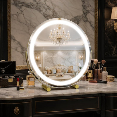 Miroir de salle de bain avec lumières, miroir de maquillage à DEL, miroir professionnel HD, Smart Touch avec éclairage 3 couleurs, intensité variable, rotation à 360 °, illuminé, (or)