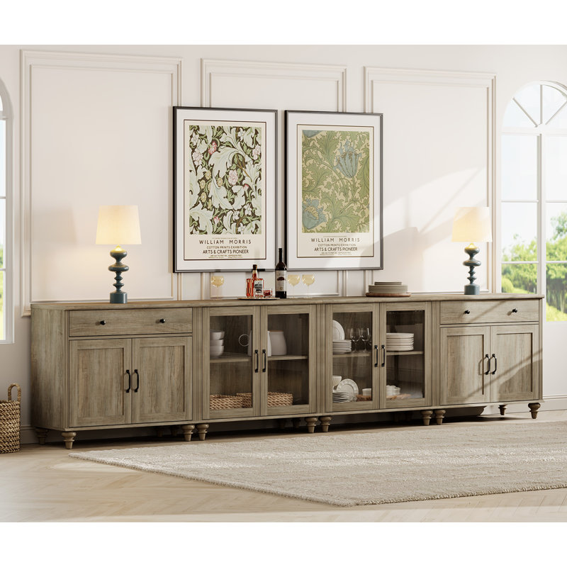     Sideboard Cabinet With 2 Drawers, 4 Glass Doors And 4 Wood Doors, Vintage Wood Grain Design, Buffet Cabinet With Storage, Grey Wash