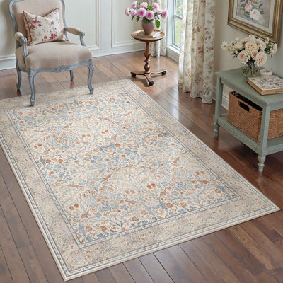 Machine Washable Floral Area Rug With Non-Slip Backing
