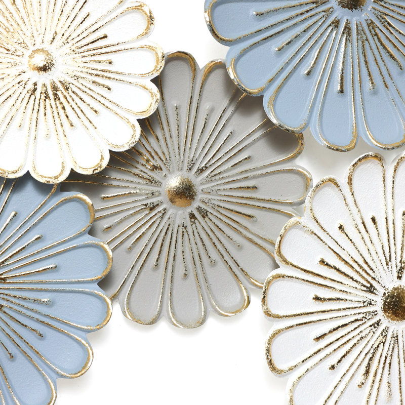 Décoration murale moderne en métal, motif chrysanthème bleu, blanc et gris, 120 cm.