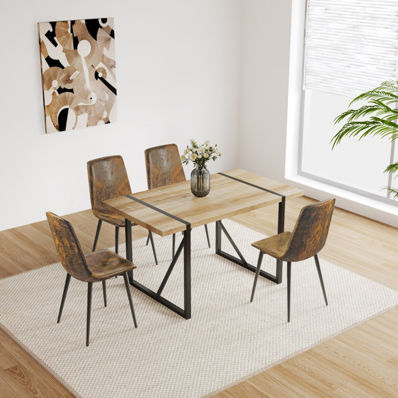 Table de salle à manger de 55 po en bois aggloméré rectangulaire industriel moderne de couleur bois pour 4 à 6 personnes, avec plateau en bois d'ingénierie de 1,5 po d'épaisseur et pieds en métal noir, pour bureau d'écriture