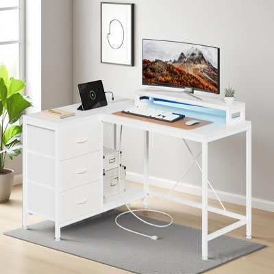 Bureau en L avec prises de courant et lumières DEL - Bureau d'ordinateur d'angle avec tiroirs et tablettes