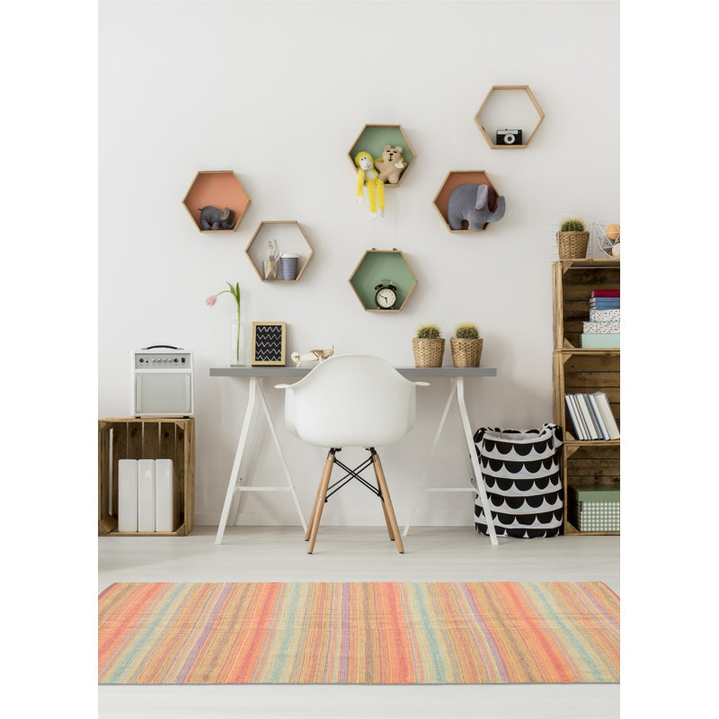Tapis bleu / rose / jaune à motif géométrique en laine Kilim, Rectangle 5 pi 2 po x 7 pi 10 po