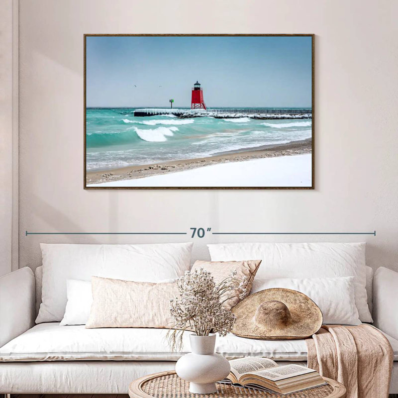 Vue du phare de Charlevoix, 46 po x 31 po, Cadre flottant noyer
