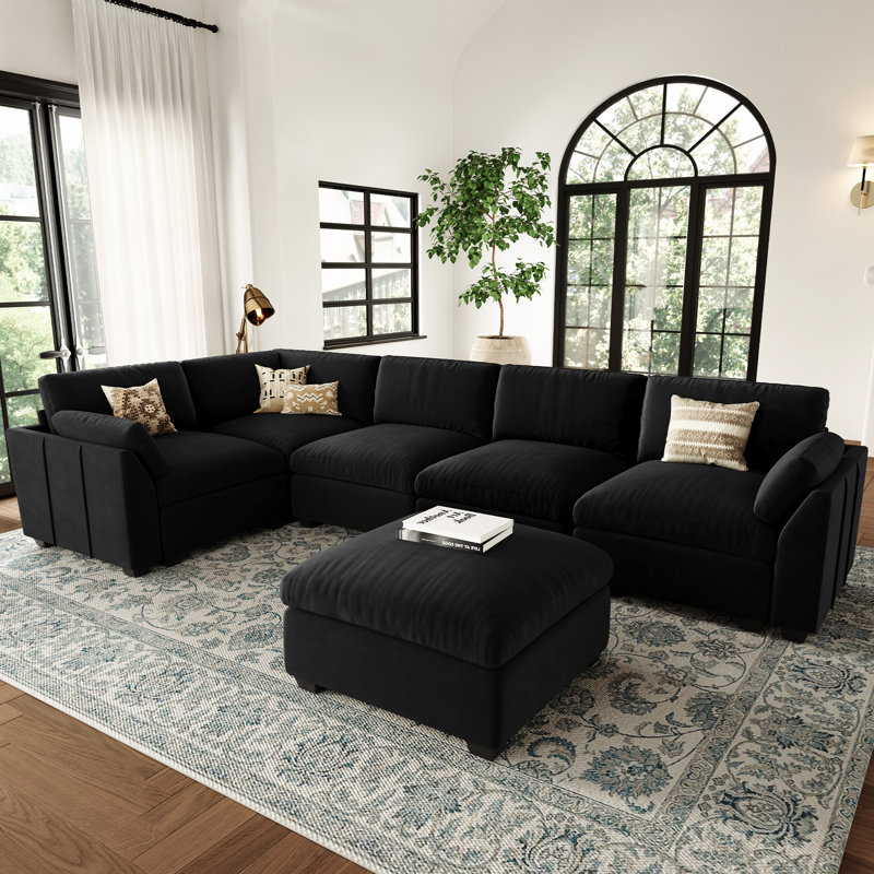 Modular L-Shaped Sectional with Removable Ottoman , Black Velvet