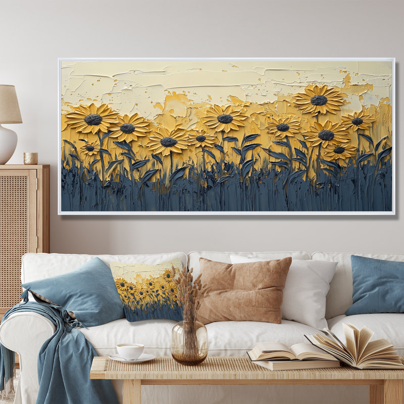 «Paint Effect On Golden Glow Sunflowers I» - art mural tournesols, H 28 po x l 60 po, Impression encadrée flottante, Blanc